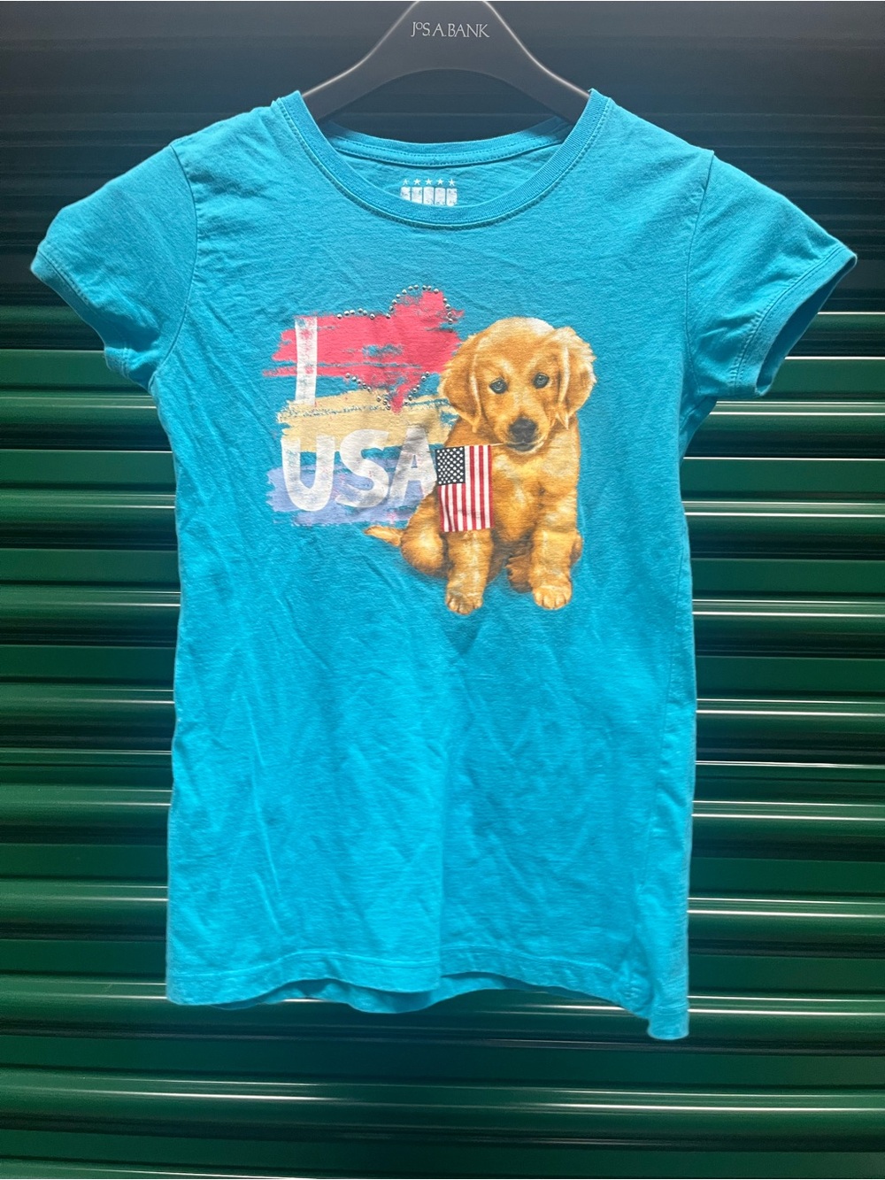 Jos. A. Bank Turquoise Tee with Golden Puppy and USA Graphic